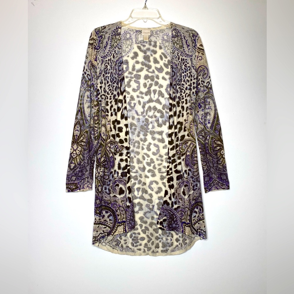Chico's Paisley Animal Print Duster Lightweight Long Open Cardigan Sz O